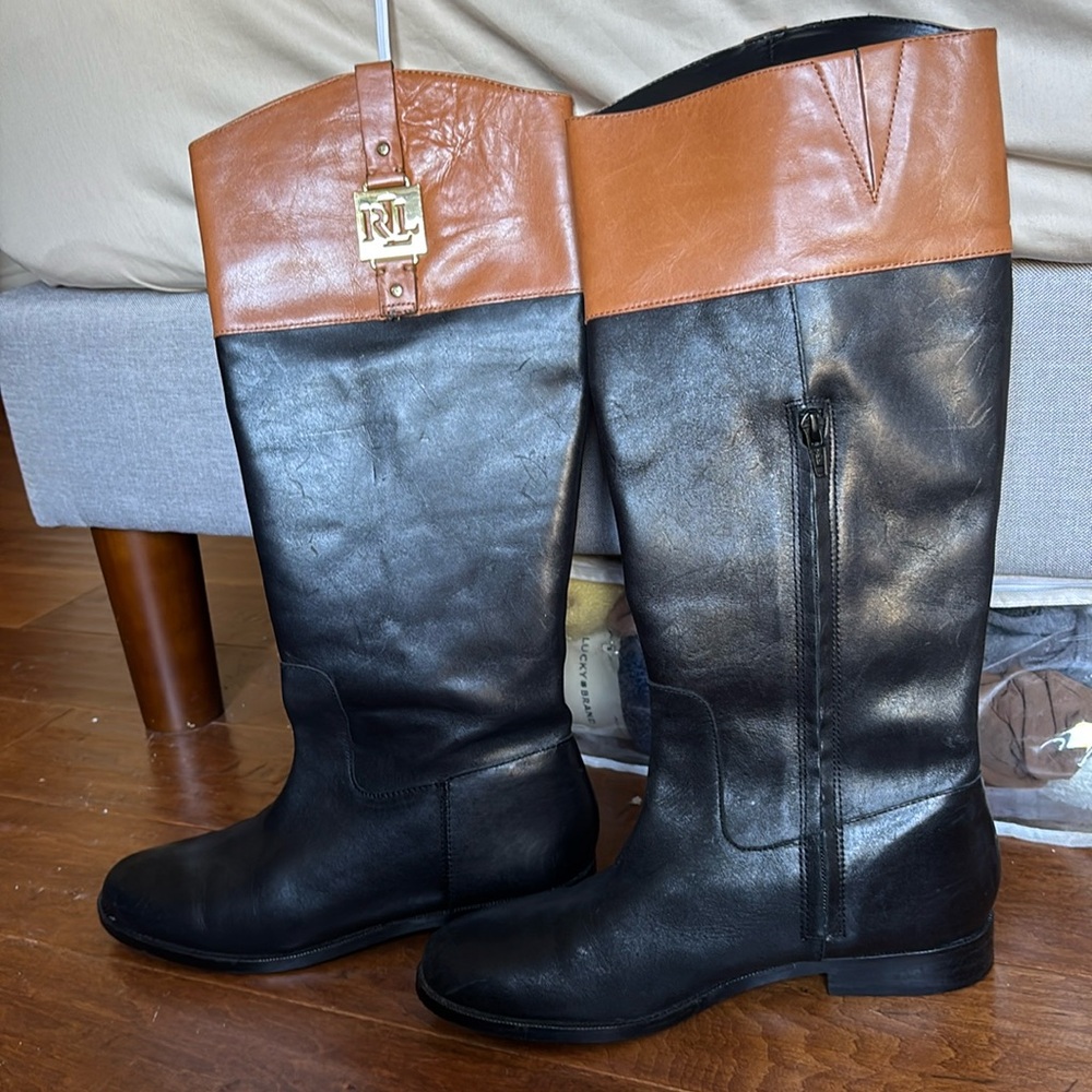 Lauren Ralph Lauren JADEN-BO-CSL Iconic Black & Tan Riding Boots Size 8.5 B